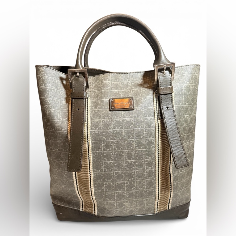 Ferragamo Gray & Brown Gancini Design Tote Bag EUC